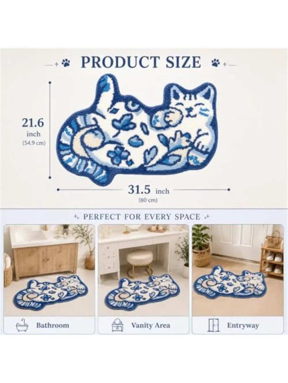 Cute Cat Bath Mat, Unique Blue Small Fun Bathroom Rug